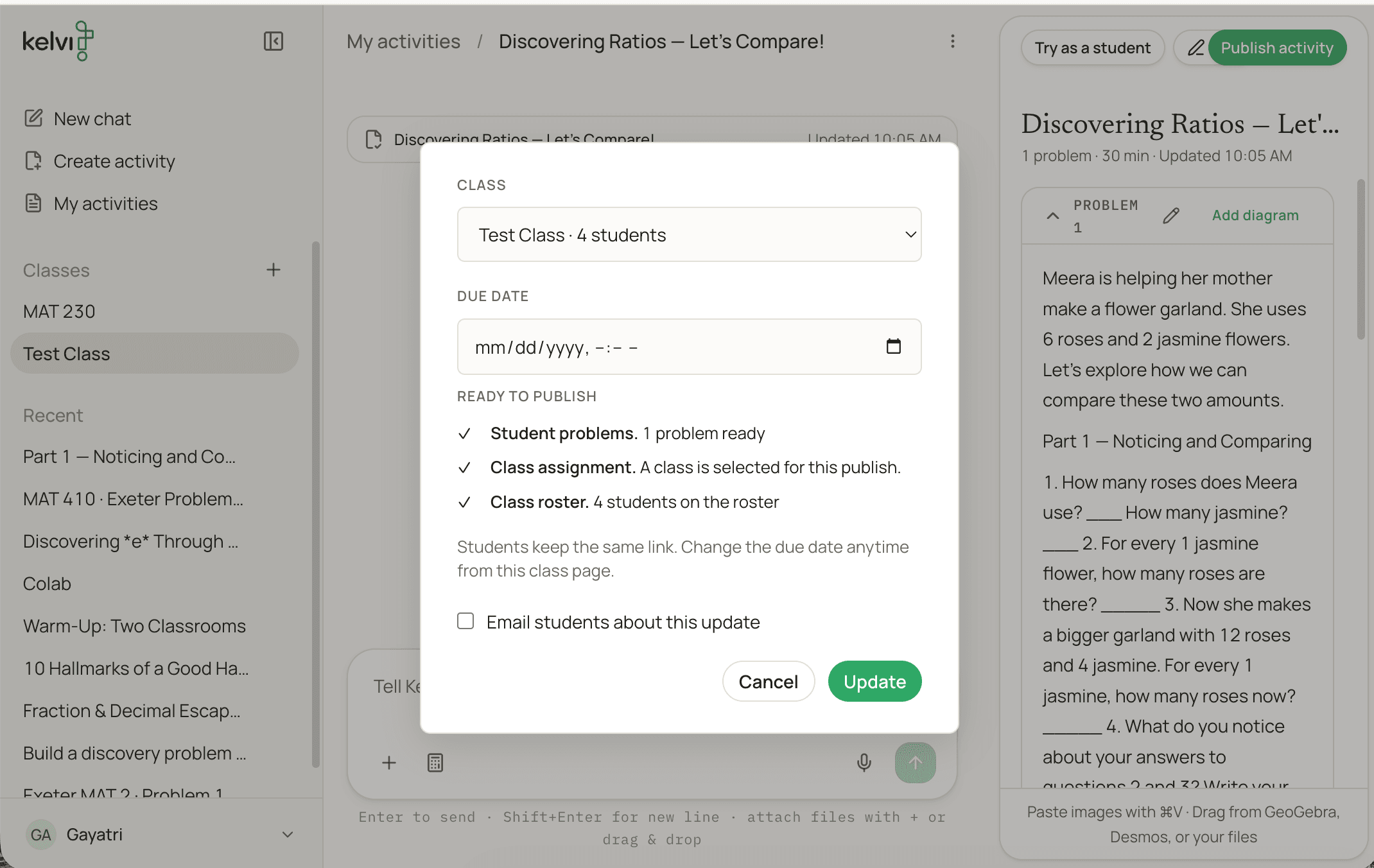 Publishing an activity to a class in Kelvi